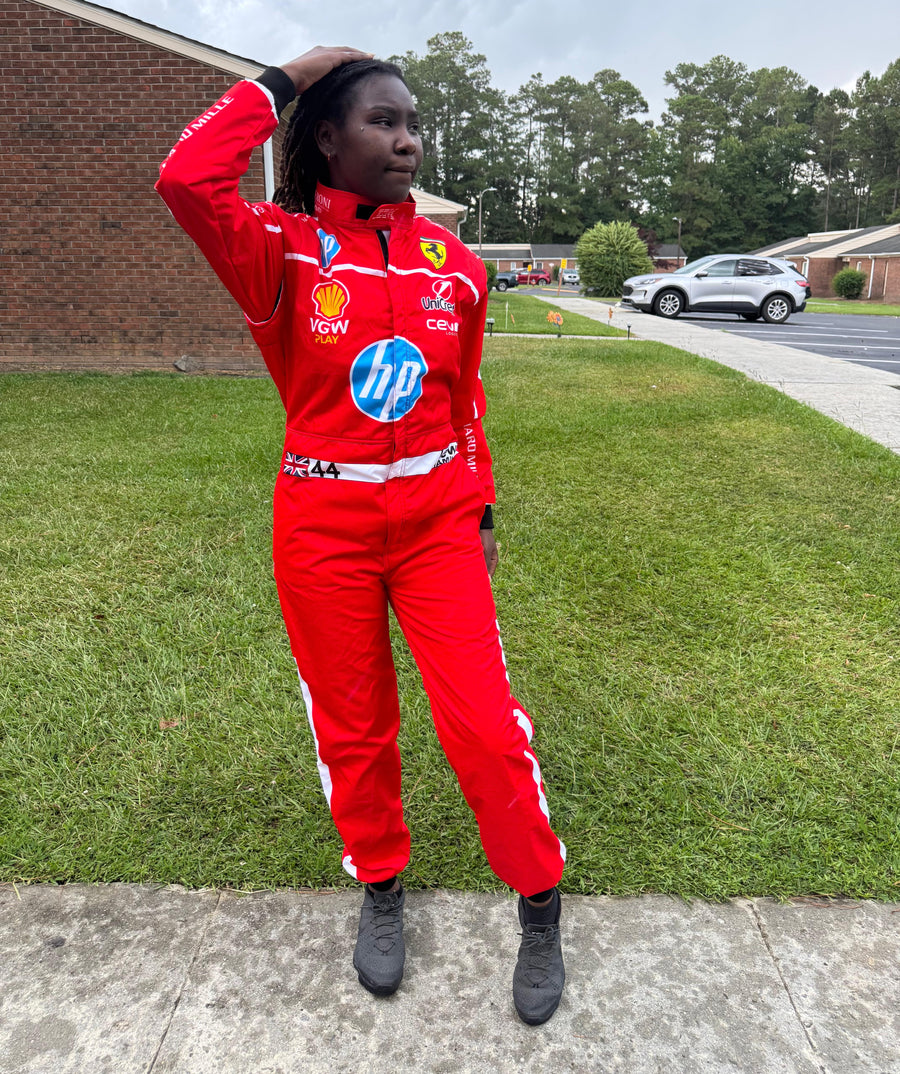 Customer wearing Sonic Racewear suit