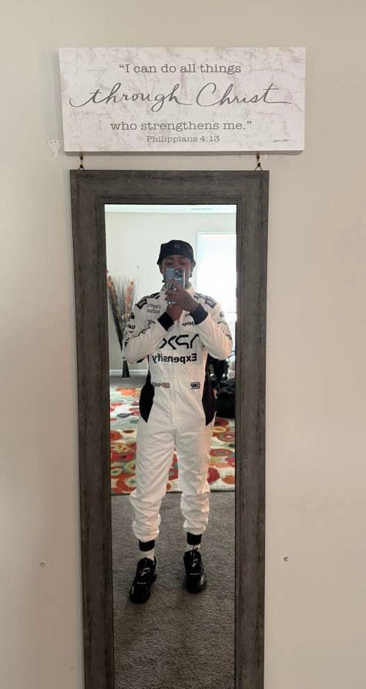 Customer wearing Sonic Racewear suit